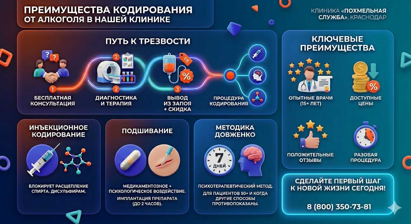 Инфографика о методах кодирования от алкоголя в Березовке: инъекции, подшивание, метод Довженко. Преимущества клиники и этапы лечения.